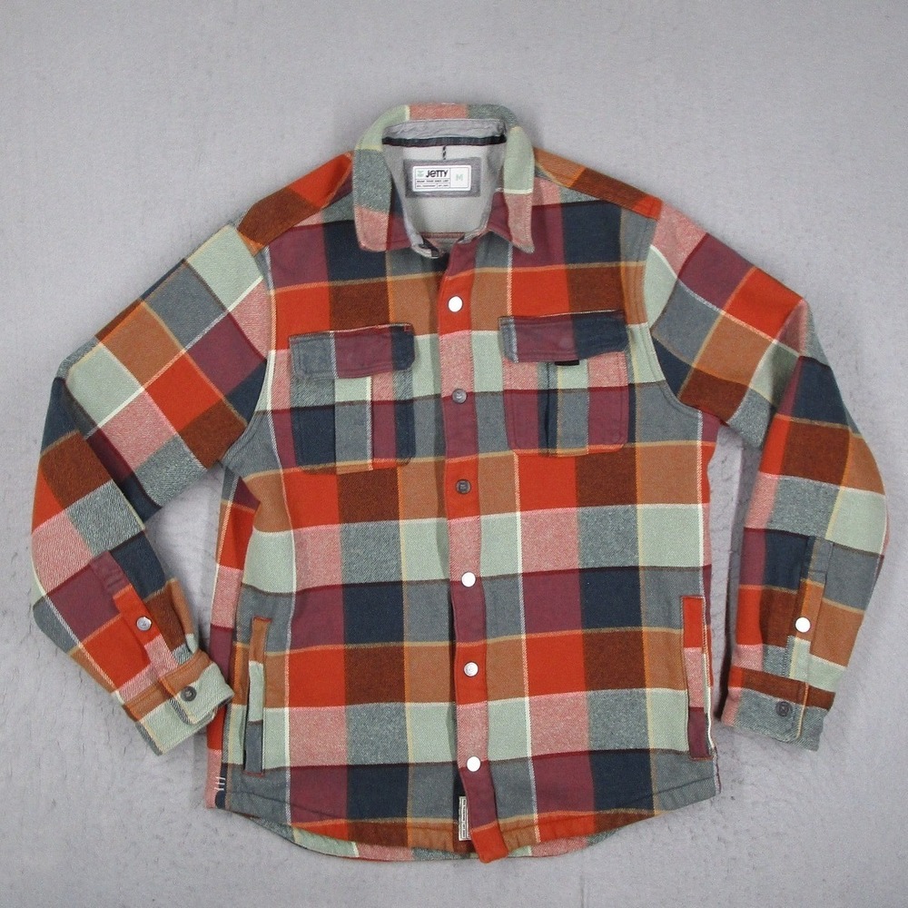 Jetty Mens Plaid Flannel Shirt Jacket Fleece Lined Multicolor Orange Blue Size M
